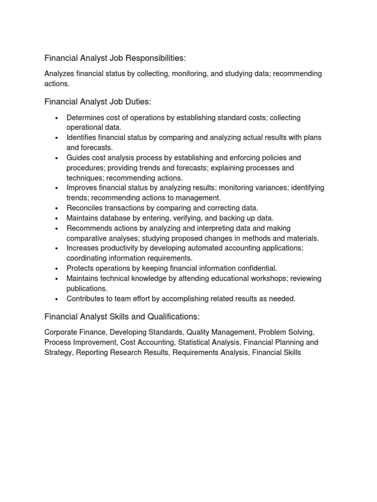Financial Analyst Job Responsibilities PDF Financial Analyst