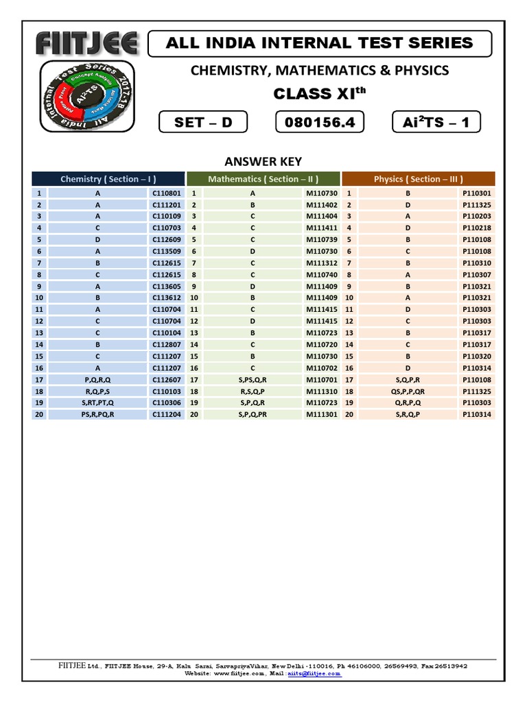 ANSWER KEY - Ai TS 1 - Class XI - SET D | PDF | Nature