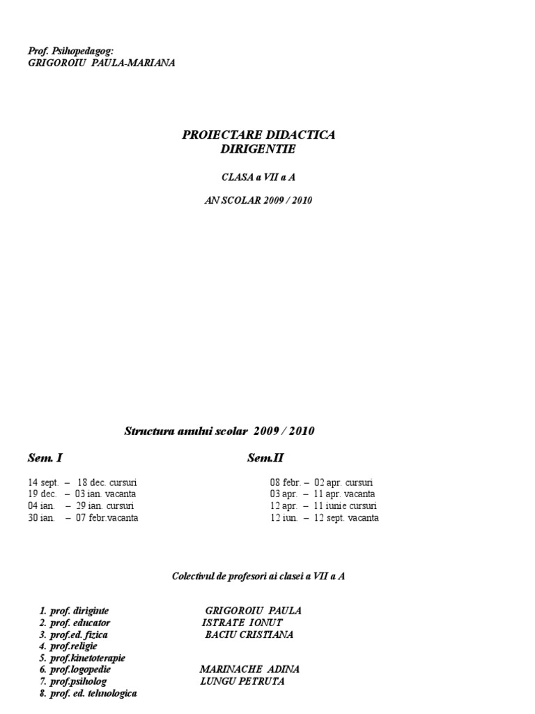 Planificare Dirigentie Cls A Vii A