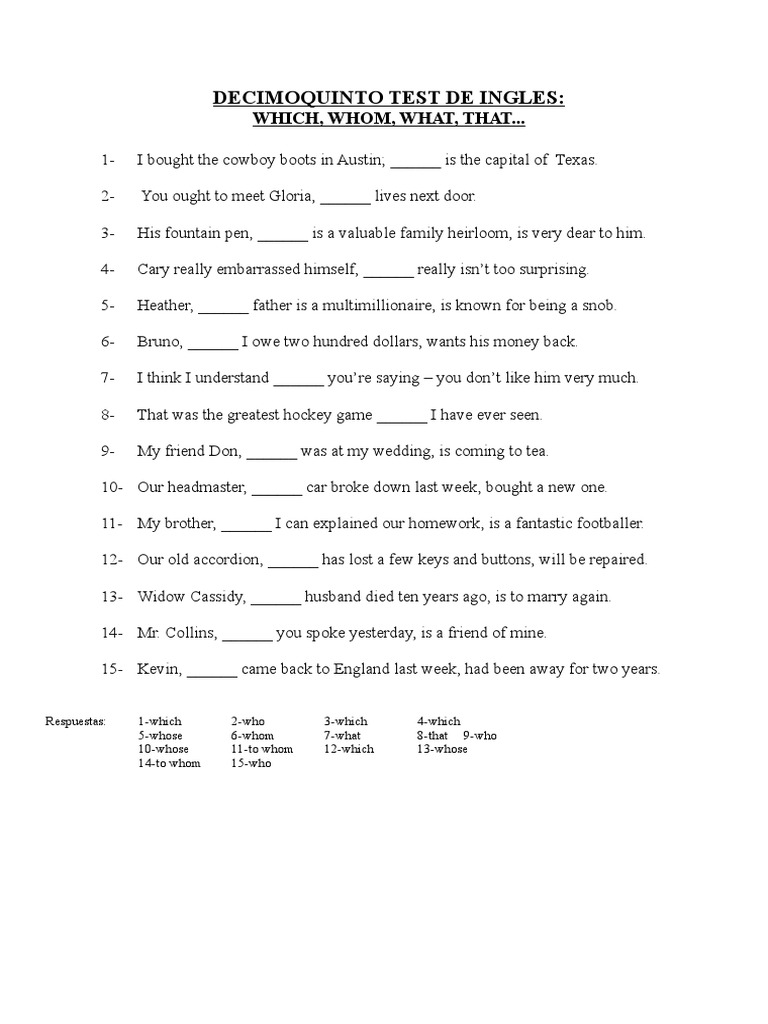 Decimoquinto Test de Ingles Which, Whom, What, That.. PDF