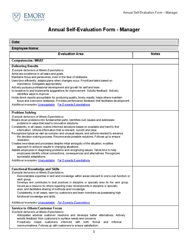 Self Evaluation Examples 01 Competence Human Resources Evaluation
