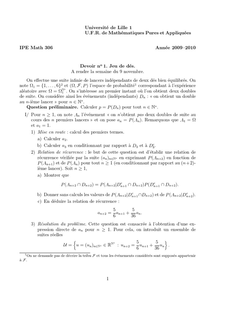 Devoir IPE Math : Jeu de dés | PDF | Base (algèbre linéaire) | Concepts ...