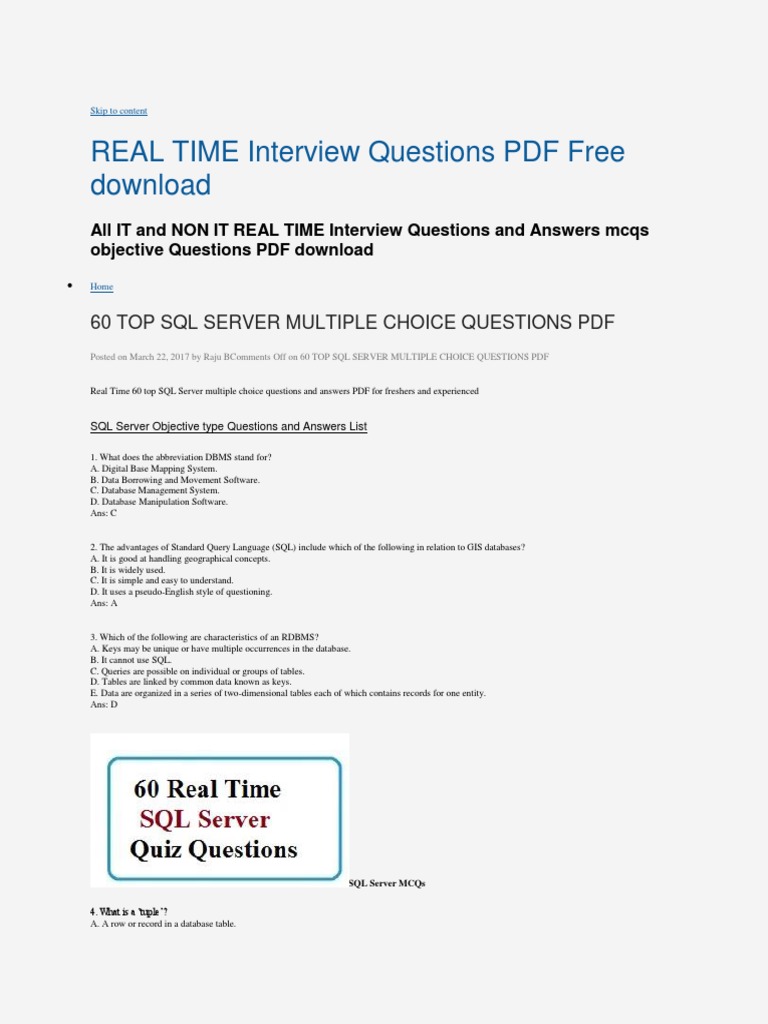 50 REAL TIME Interview Questions PDF PDF Relational Database Database Index