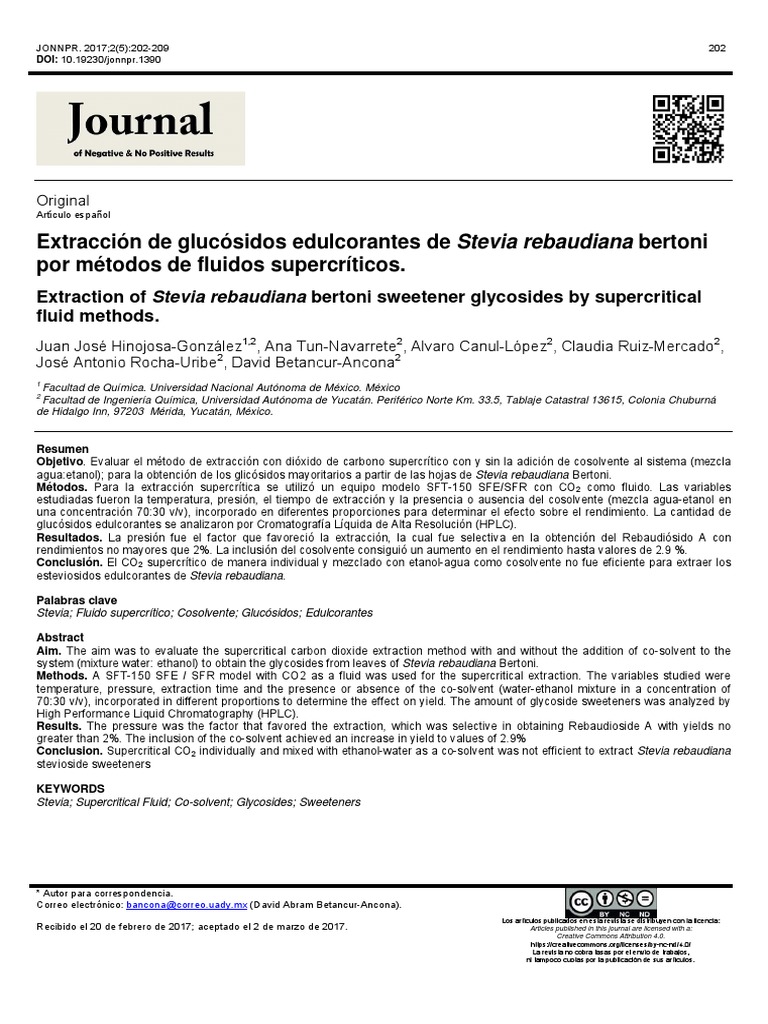 Resultado de imagen para Extracción de glucósidos edulcorantes de Stevia rebaudiana bertoni por métodos de fluidos supercríticos.