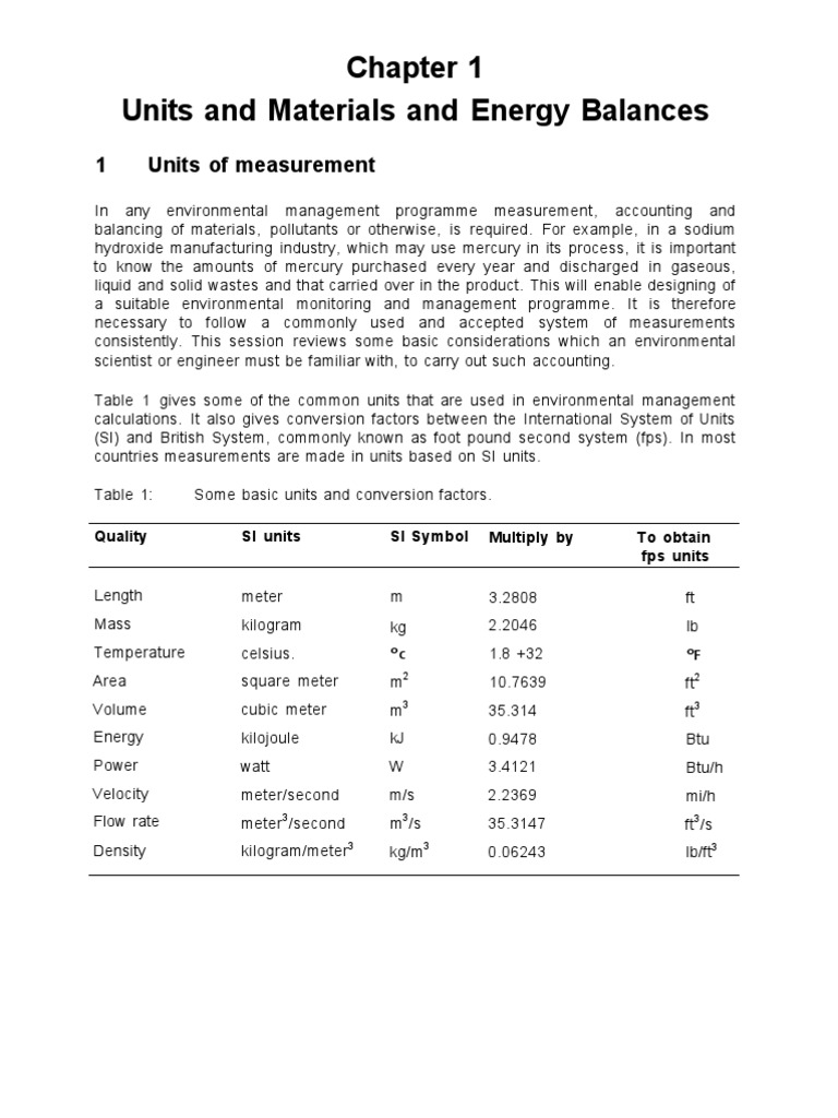 Units and Materials and Energy Balances Parts Per Notation Litre