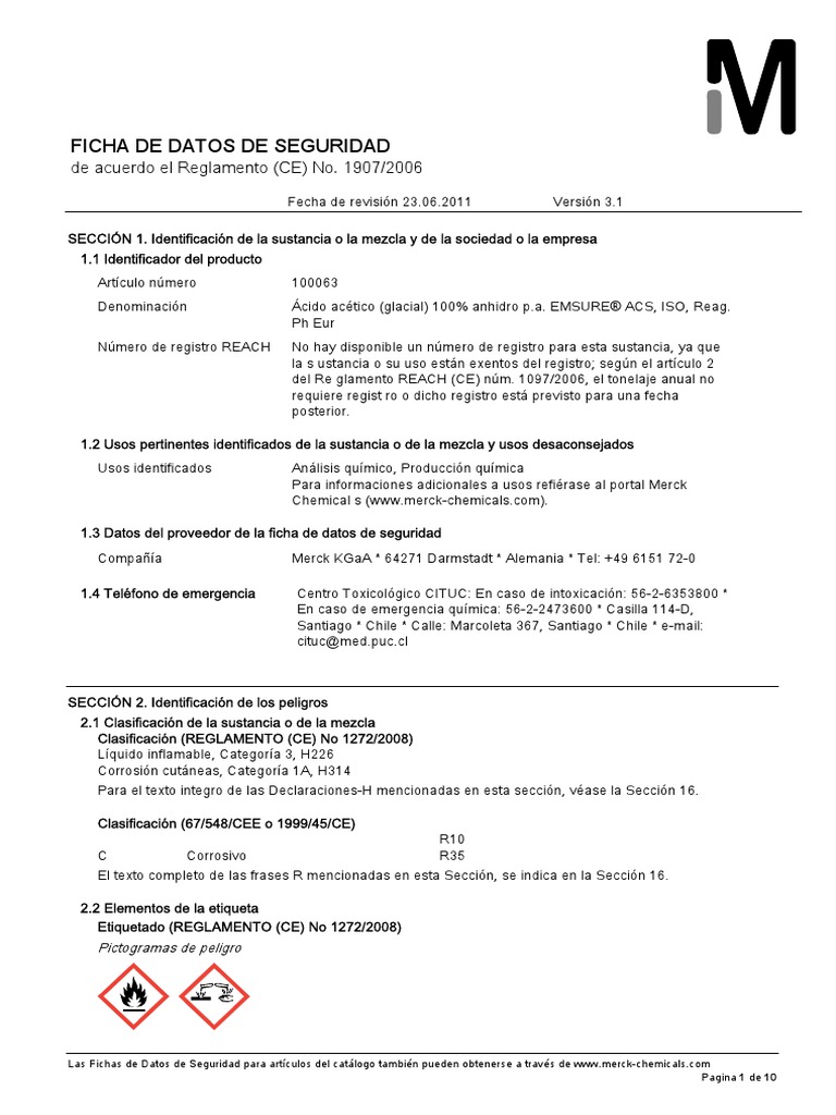 Acido Acético (Glacial) 100063 - Merck | PDF | Dióxido de carbono | Quemar