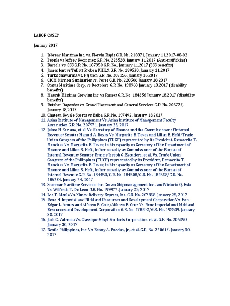 Labor Cases January 2016 list Philippines Government