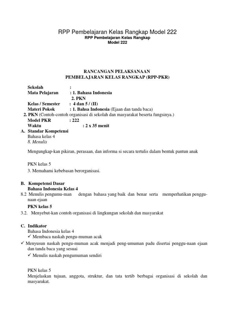 Rpp Pembelajaran Kelas Rangkap Model 222
