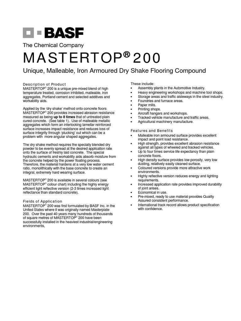 Mastertop 200 TDS | PDF | Concrete | Building Engineering