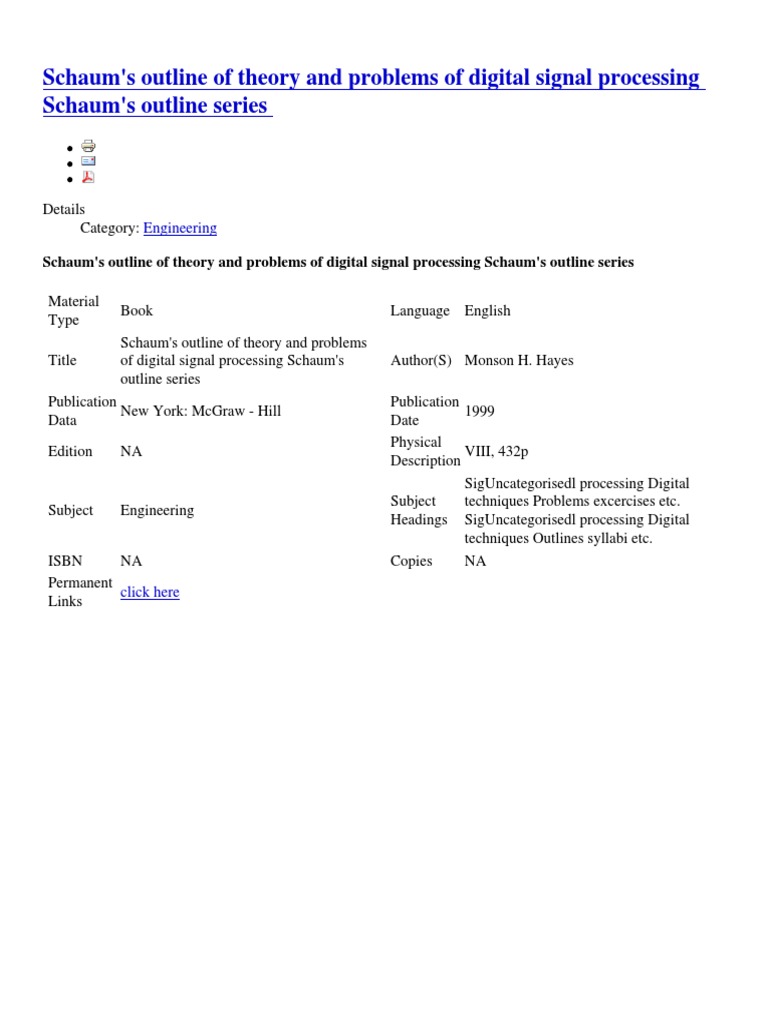 Schaum's Outline of Theory and Problems of Digital Signal Processing