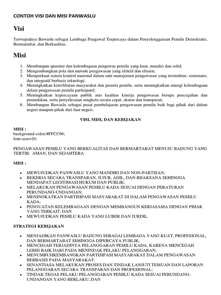 Contoh Visi Dan Misi Panwaslu