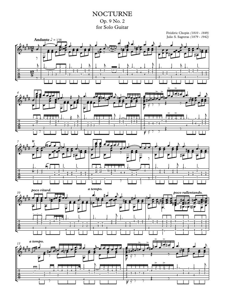 Partition Chopin Nocturne Op 9 No 2 Facile Chopin Nocturne Op. 9 No. 2 For Guitar Solo (Notation and Tab) | PDF |  Mètre et rythme | Musicologie