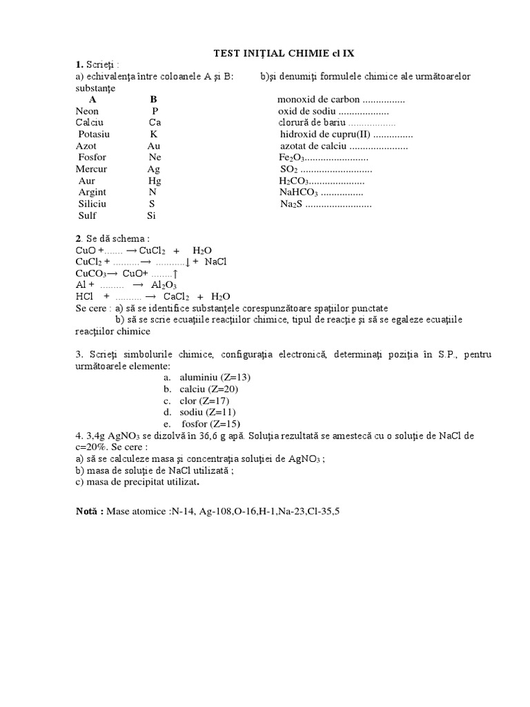 Test Iniţial Chimie CL Ix | PDF