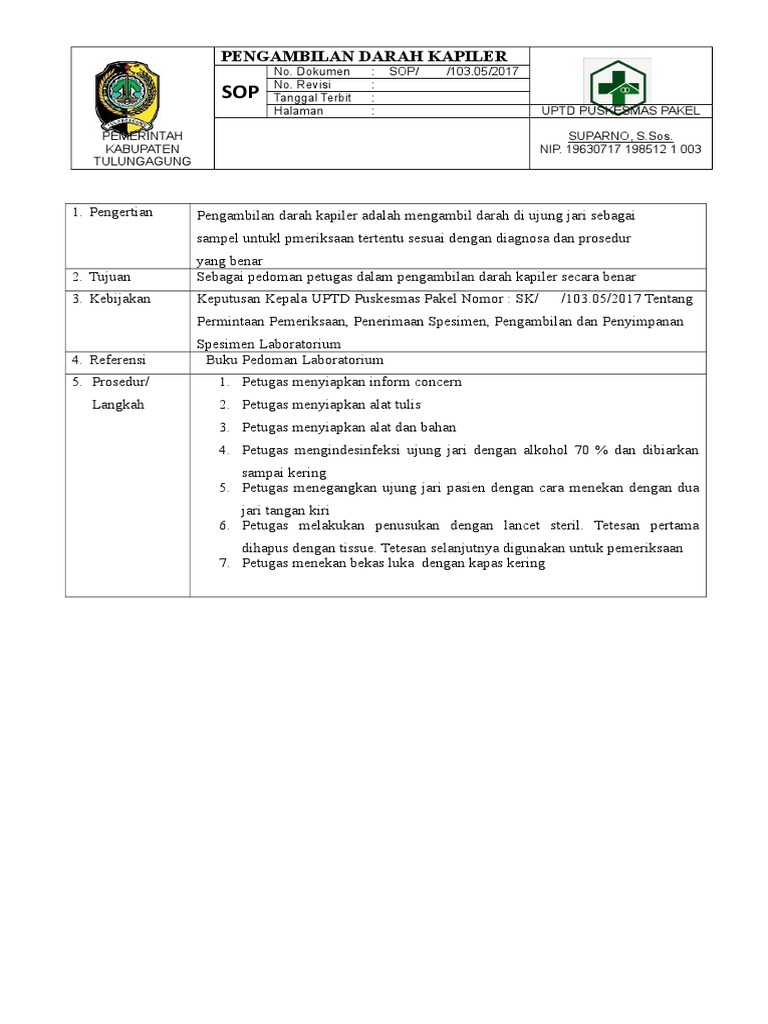 Sop Pengambilan Darah Kapiler