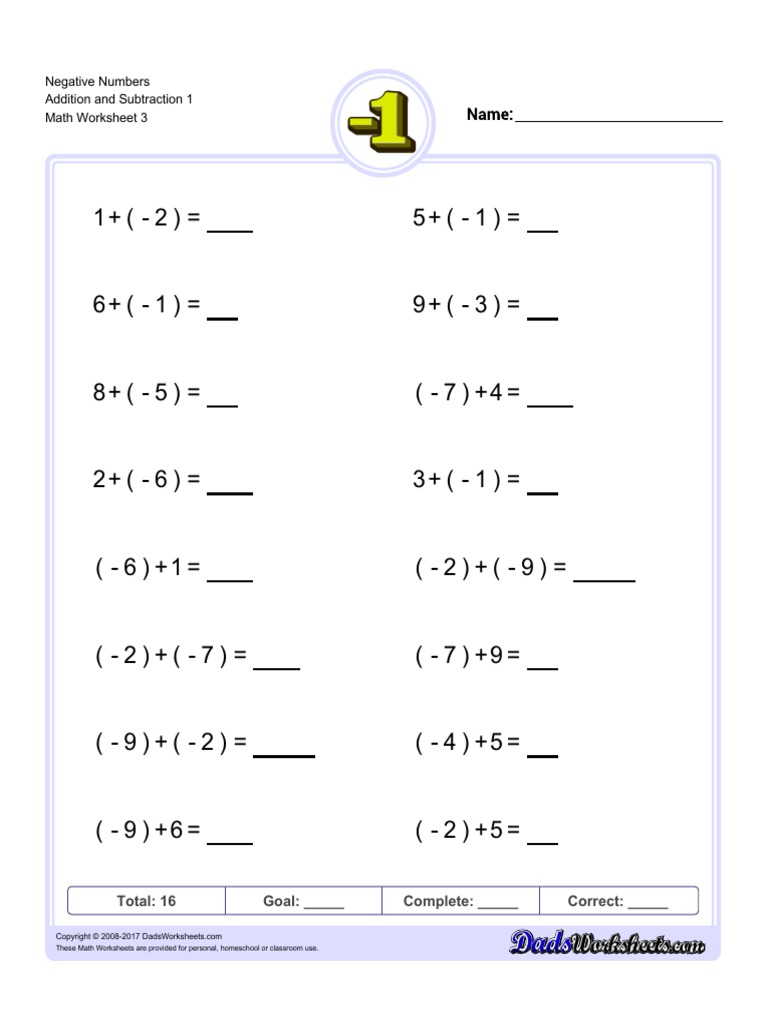 Negative Numbers Addition and Subtraction 1 Math Worksheet 3 | PDF ...