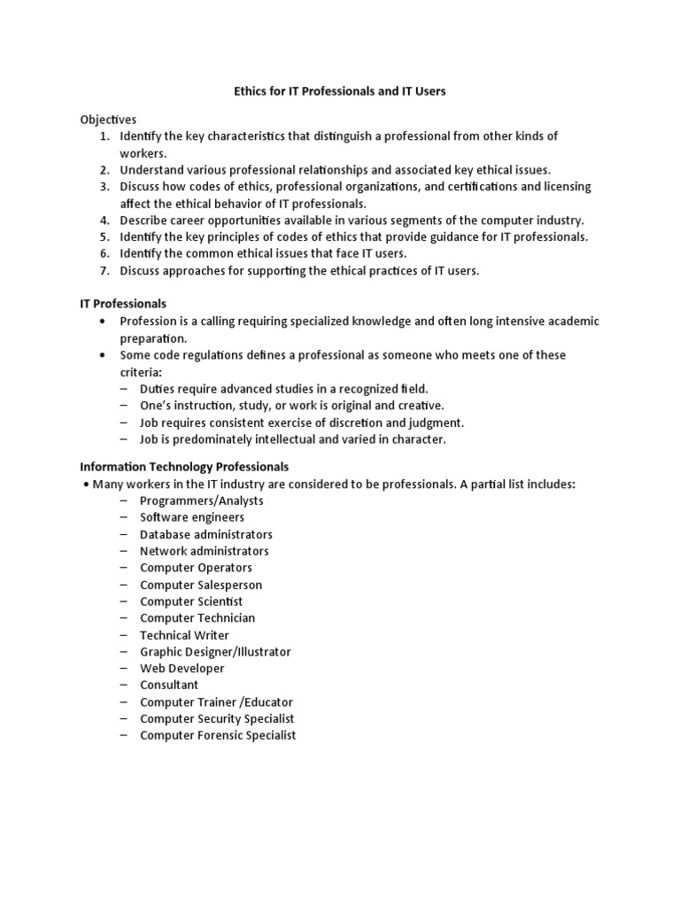 Ethics in IT: Professionals and Users | PDF | Software | Profession