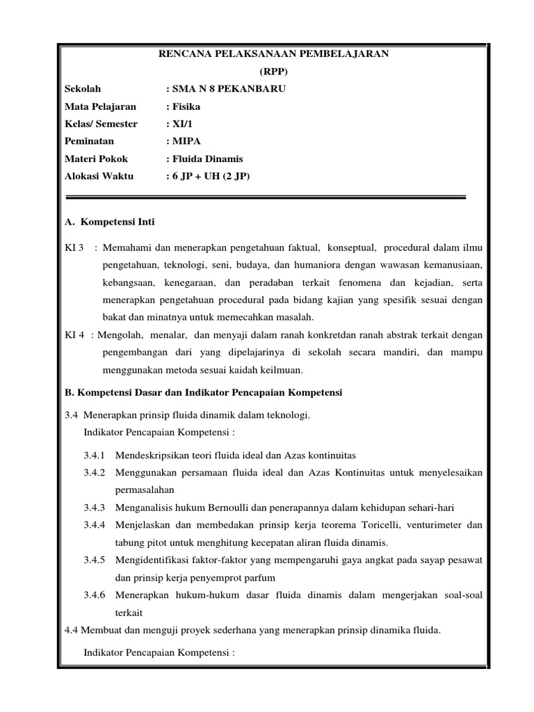 RPP Fluida Dinamis Revisi | PDF | Karier & Perkembangan | Kajian Bahasa ...