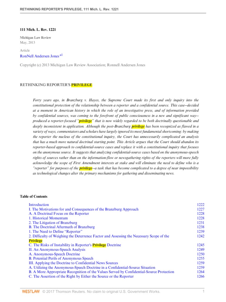 Rethinking Reporters Privilege | PDF | First Amendment To The United ...