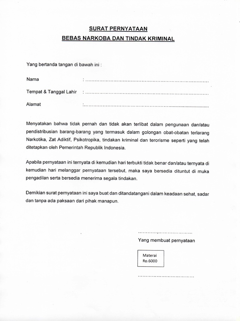 Surat Pernyataan Bebas Narkoba Dan Tindak Kriminalpdf