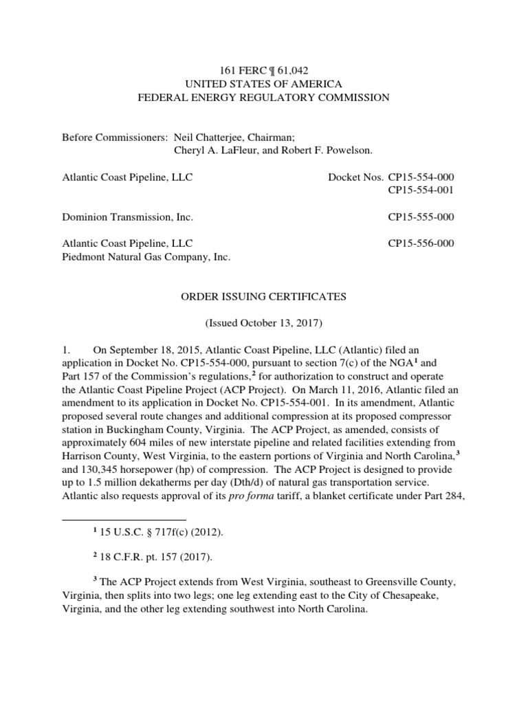 Ferc Acp Order Federal Energy Regulatory Commission Natural Gas