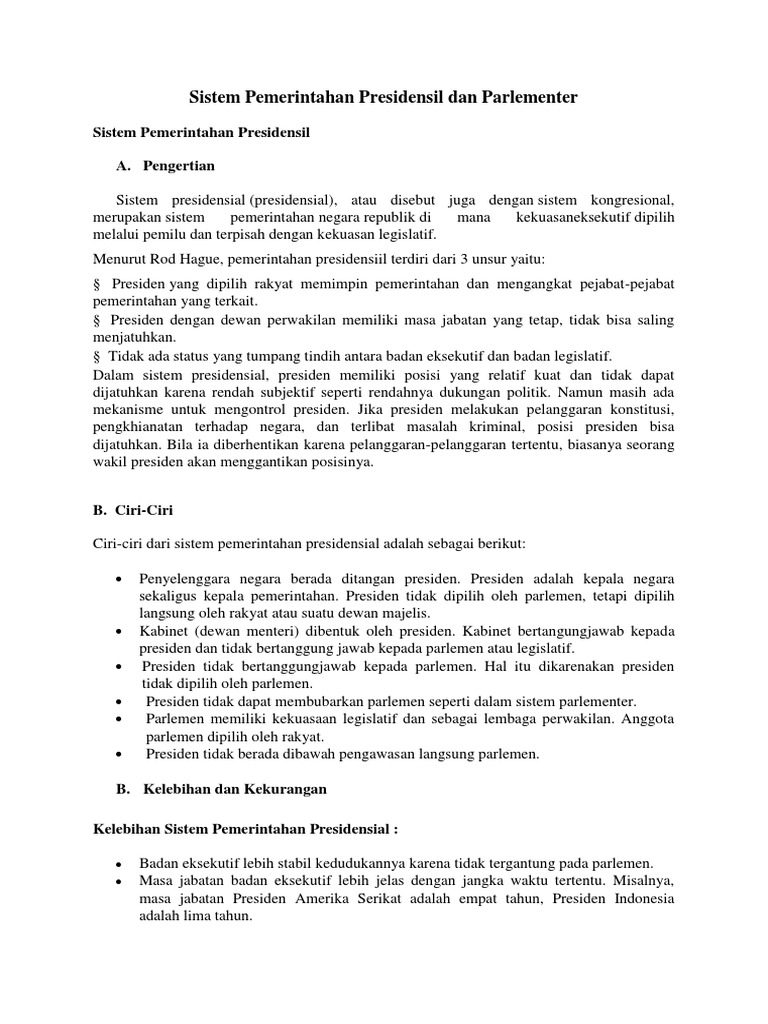 Sistem Pemerintahan Presidensil Dan Parlementer Pdf