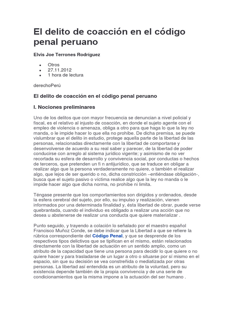 Delito de Coacción en el Código Penal Peruano | PDF | Libertad ...