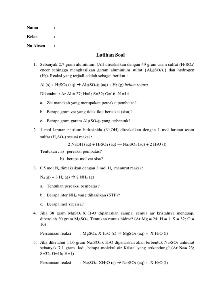 Soal Kimia: Pereaksi Pembatas dan Rendemen | PDF | Seni | Sains ...