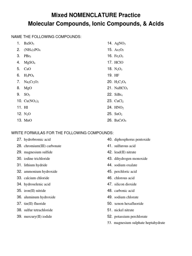 5 Review Mixed  Nomenclature Practice Questions Answers  PDF With Naming Molecular  Compounds Worksheet Answers