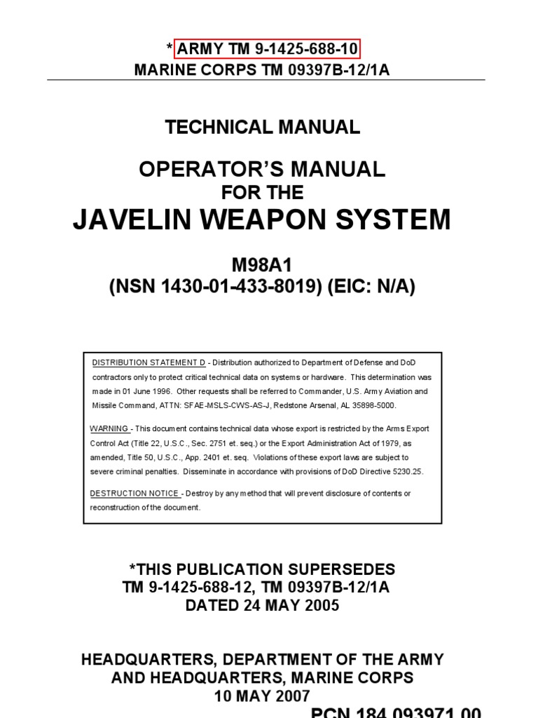 TM 9142568810 M98 Javelin Weapon System