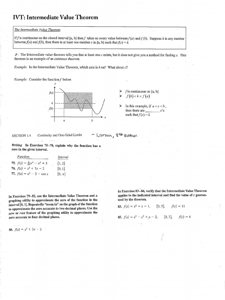 IVT Worksheet  PDF For Intermediate Value Theorem Worksheet