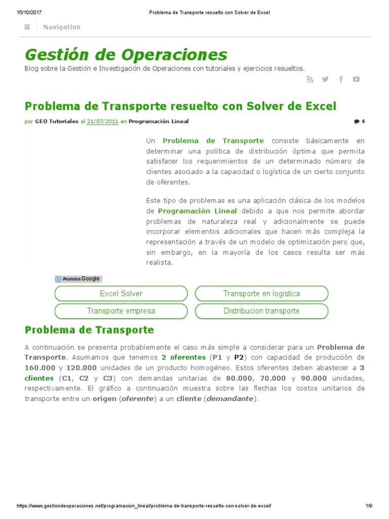 Problema de Transporte Resuelto Con Solver de Excel | PDF ...