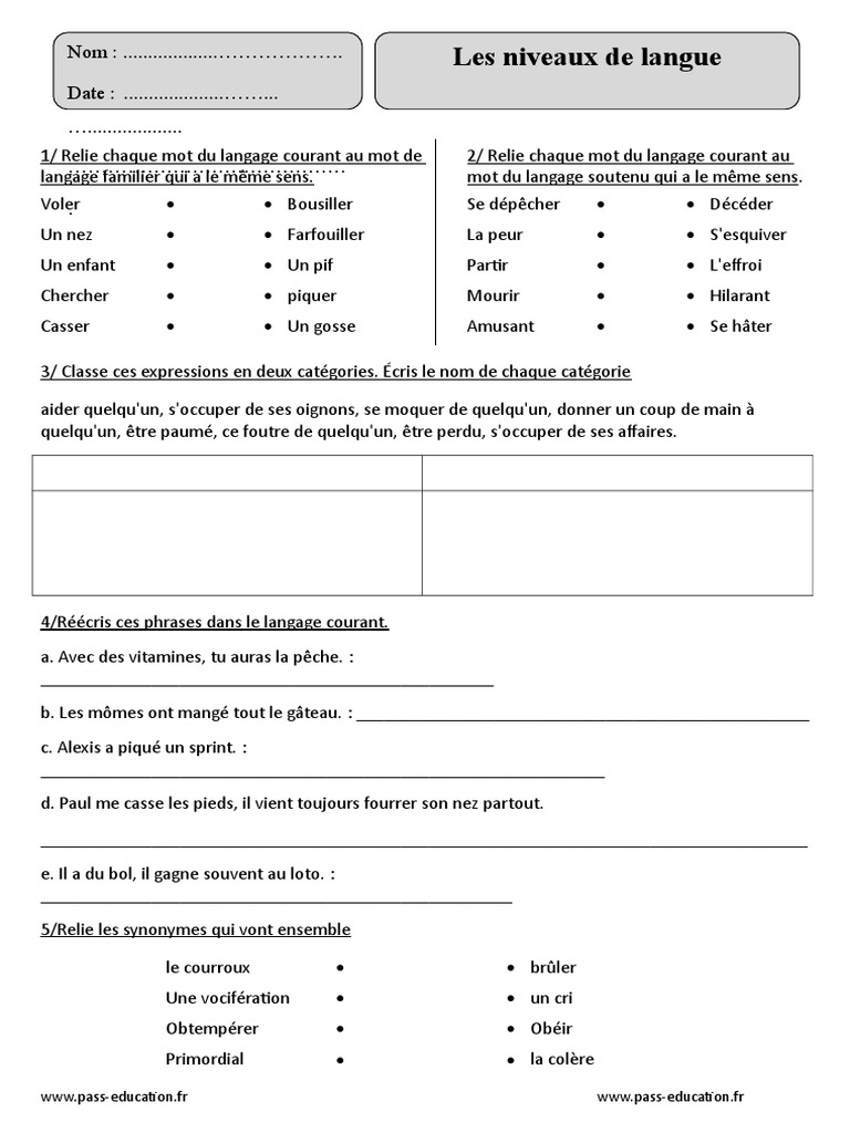 Exercices Registres De Langue Ce2 Niveaux de Langue - Cm2 - Exercices Corrigés - Vocabulaire - Cycle 3 | PDF