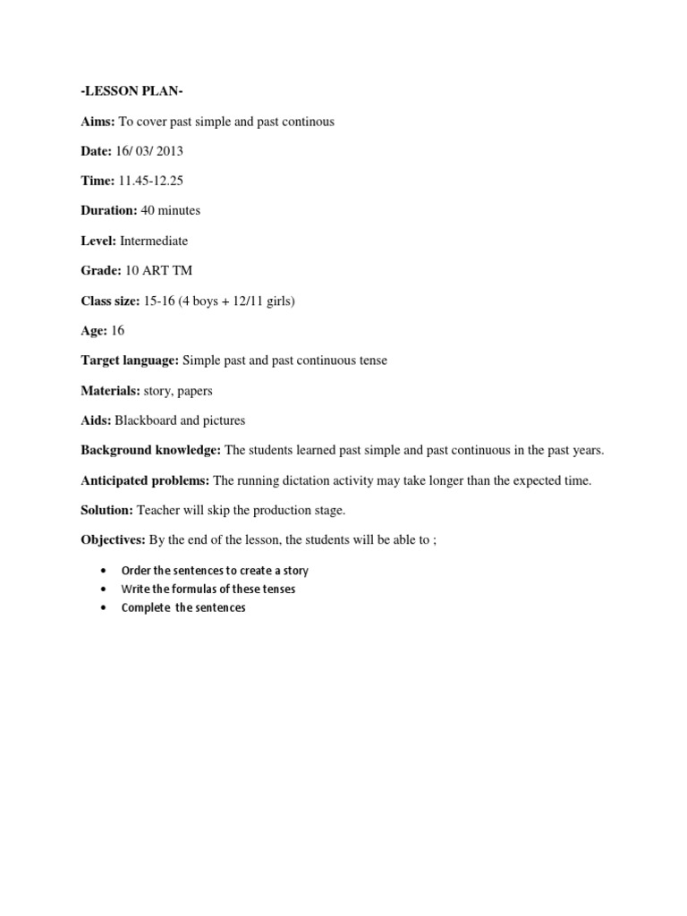 Past Simple and Continuous Lesson Plan | PDF | Lesson Plan | Teaching ...
