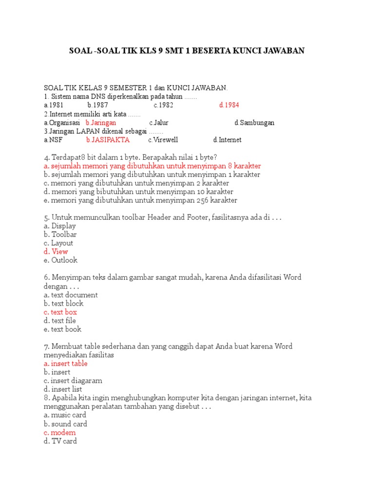Soal Tik Kelas 9 Semester 1 Pdf