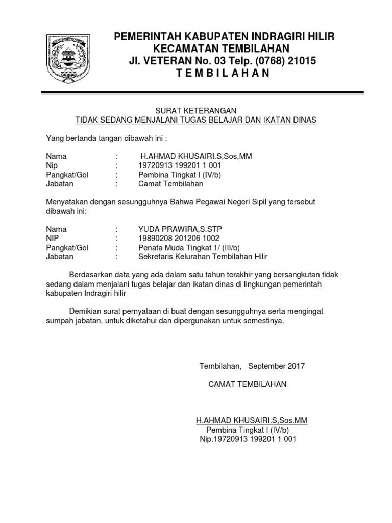 Surat Ket Tidak Dalam Tugas Belajar Kec
