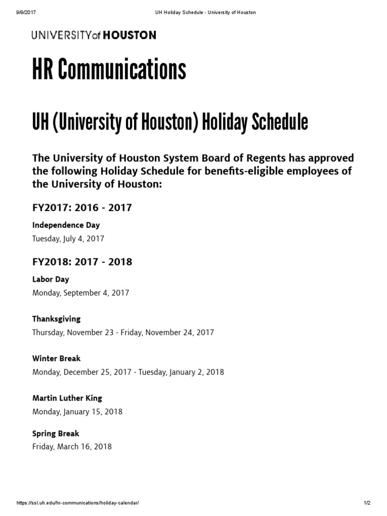 UH Holiday Schedule University of Houston PDF Holidays Festival