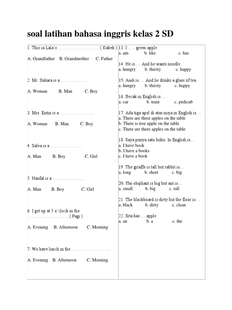 Soal Tes Bahasa Inggris Beginners