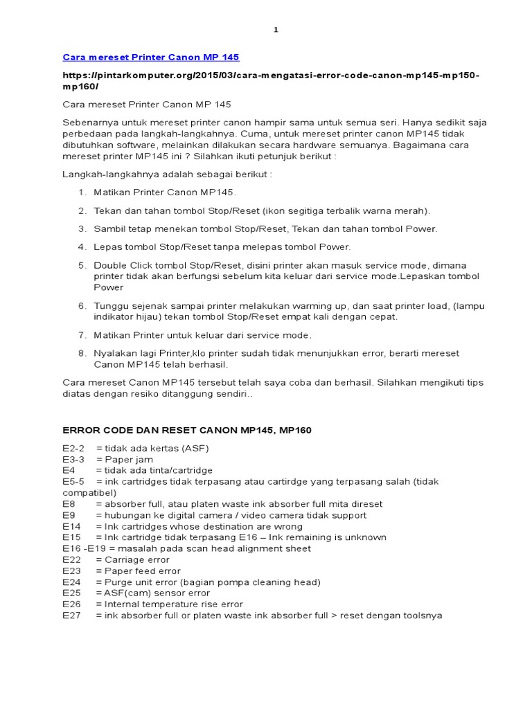 Reset Printer Canon MP145 dan Error Code | PDF | Komputer | Teknologi ...