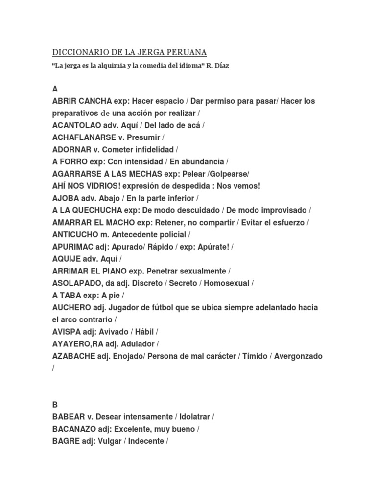 Diccionario de Jergas Peruanas | PDF
