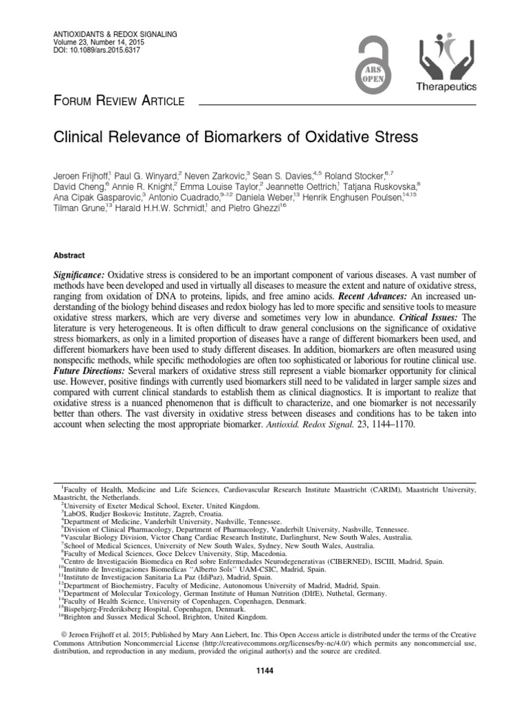 Clinical Relevance of Biomarkers of Oxidative Stress | PDF | Low ...