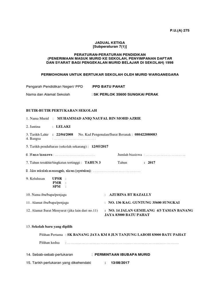 Borang Pertukaran Murid Pdf