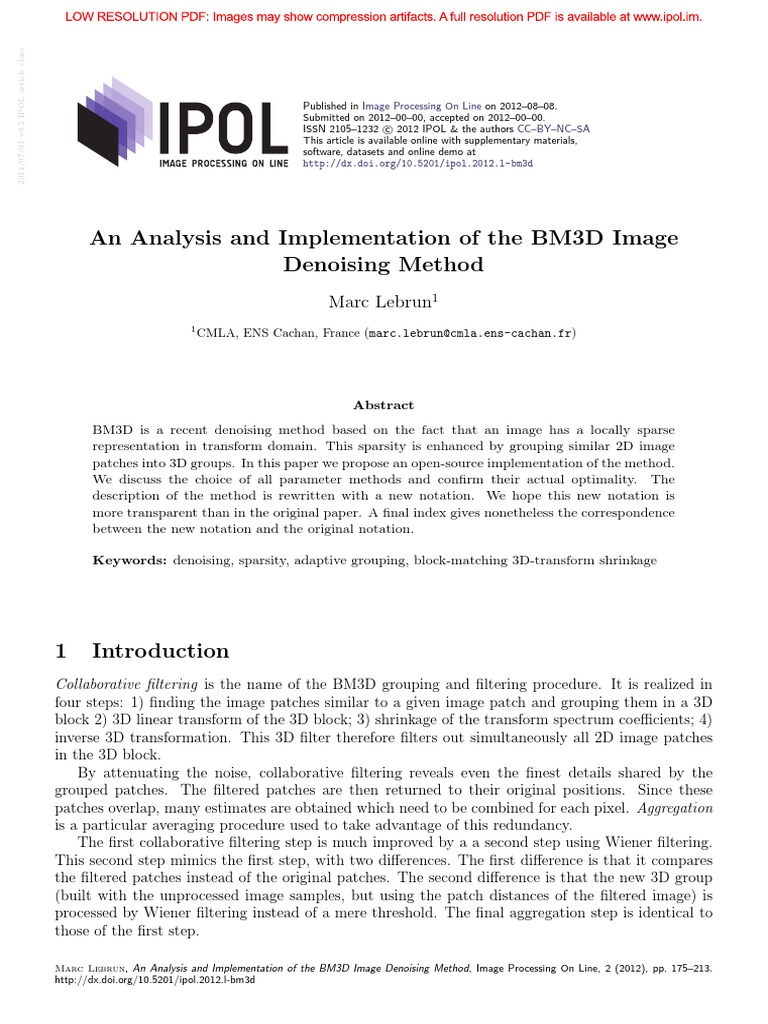 An Analysis and Implementation of The BM3D Image Denoising Method | PDF ...