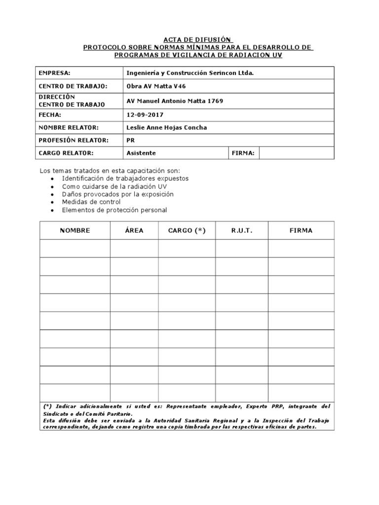 3. Formato Acta de Difusión Del Radiación UV de Empresa a 