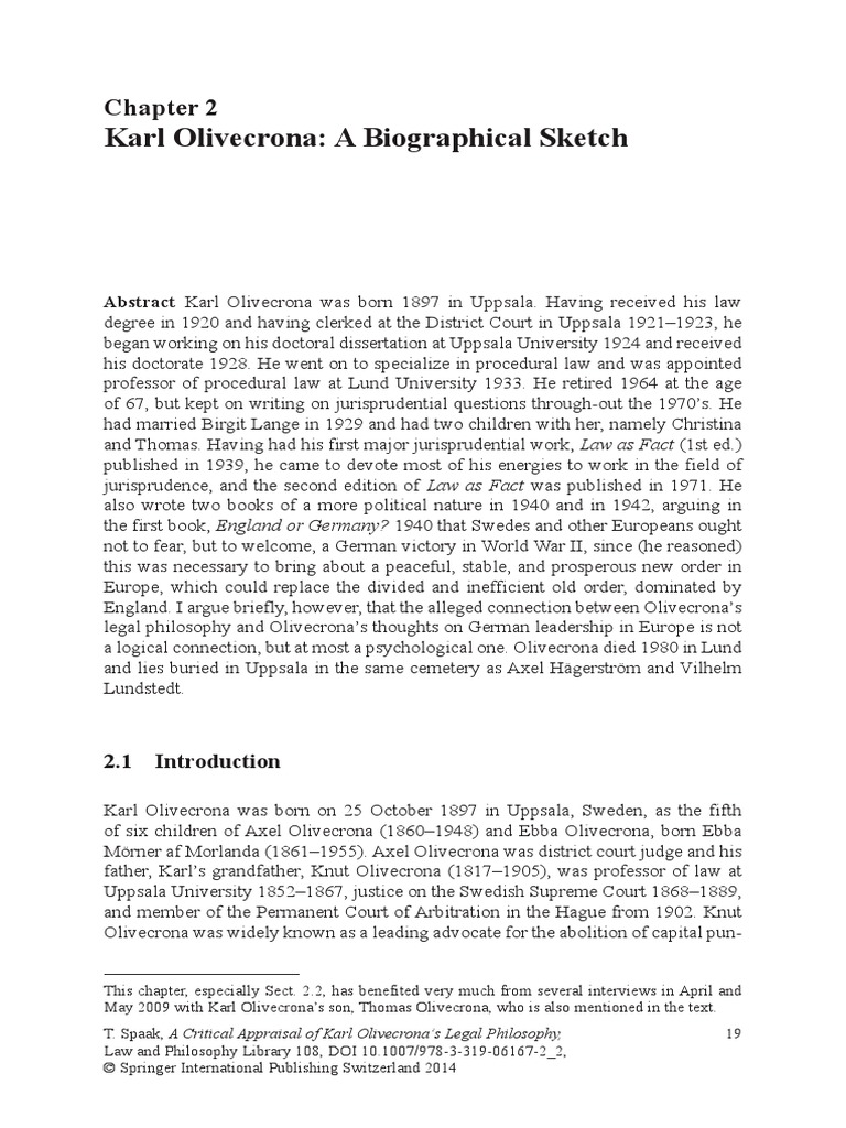 Karl Olivecrona A Biographical Sketch Abstract Karl Olivecrona Was
