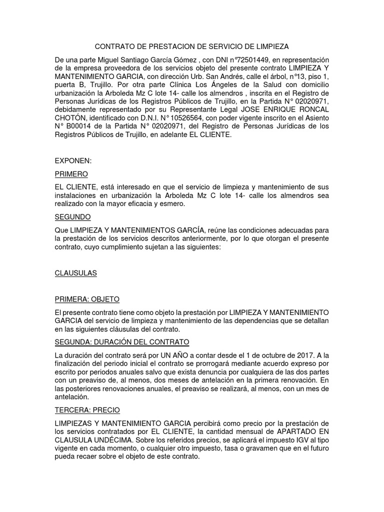 Contrato de Prestacion de Servicio de Limpieza Derecho laboral Seguro