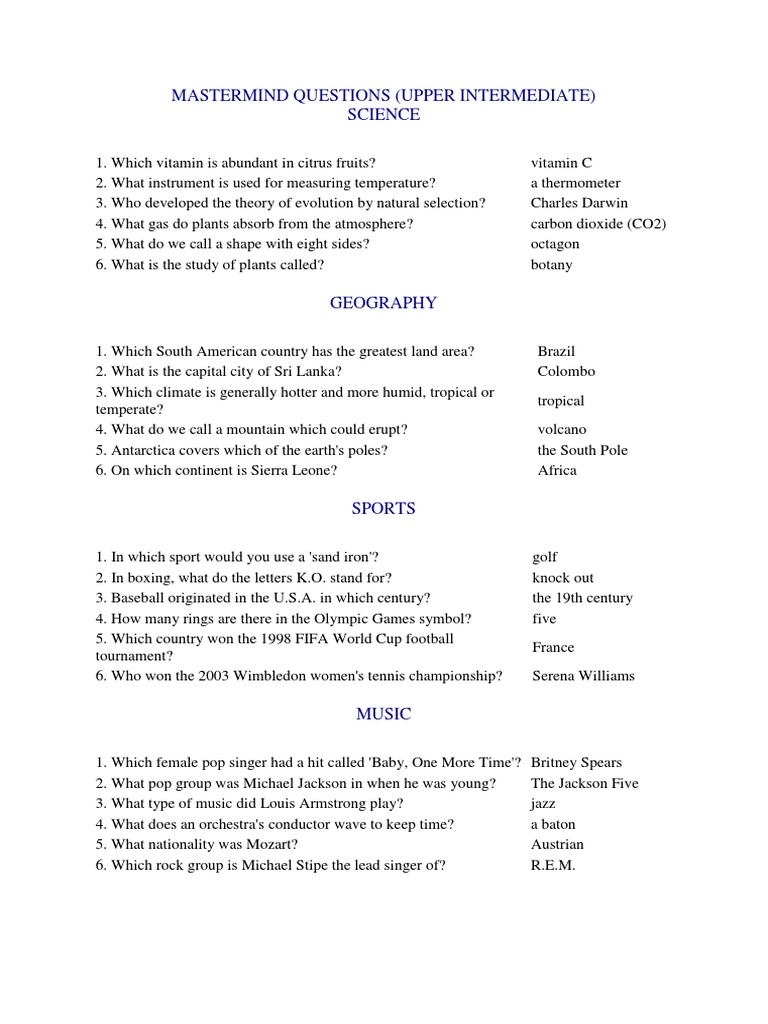 Upper Intermediate Mastermind Quiz | PDF