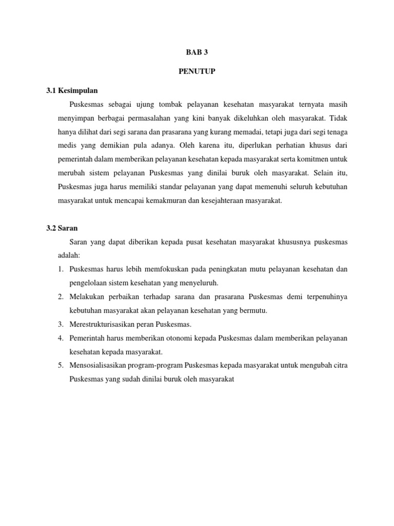 Kesimpulan Dan Saran Pusat Kesehatan Masyarakat