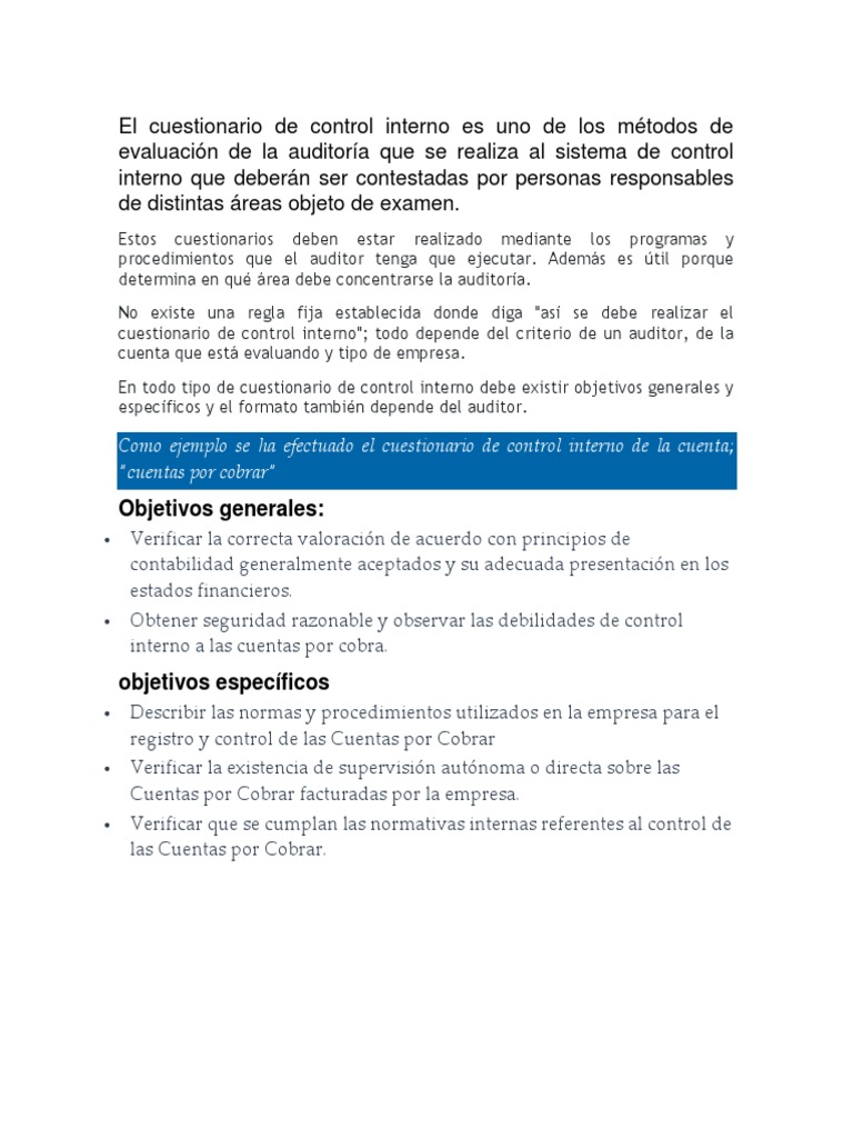 Cuestionario de Control Interno en Auditoría | PDF | Contralor ...