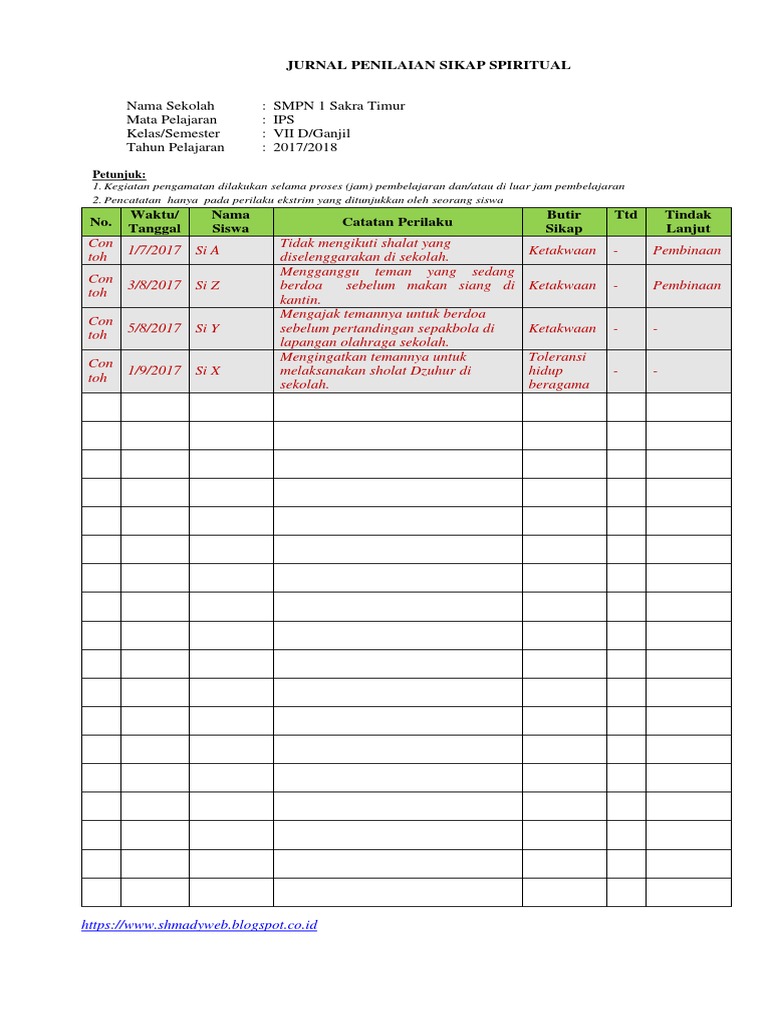 Buku Jurnal Penilaian Sikap Spiritual Dan Sikap Sosial Pdf