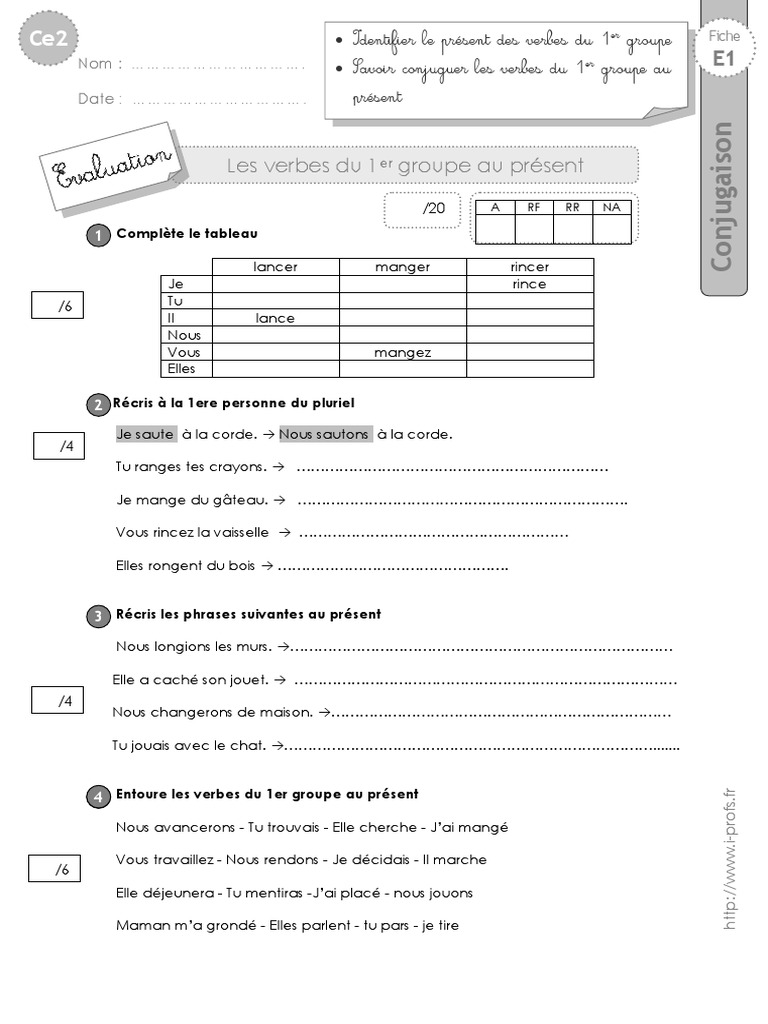 Exercices Verbes 1er Groupe Présent Pdf Cm1 Ce2 Evaluation 1er Groupe Present | PDF | Mécanique du langage | Philologie